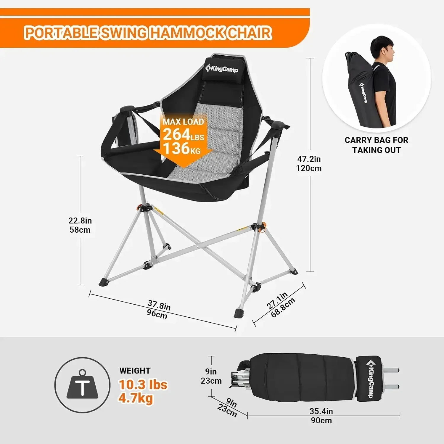 Customizable Hammock Camping Chair, Aluminum Alloy Adjustable Back Swinging Chair, Folding Rocking Chair With Pillow Cup Holder,