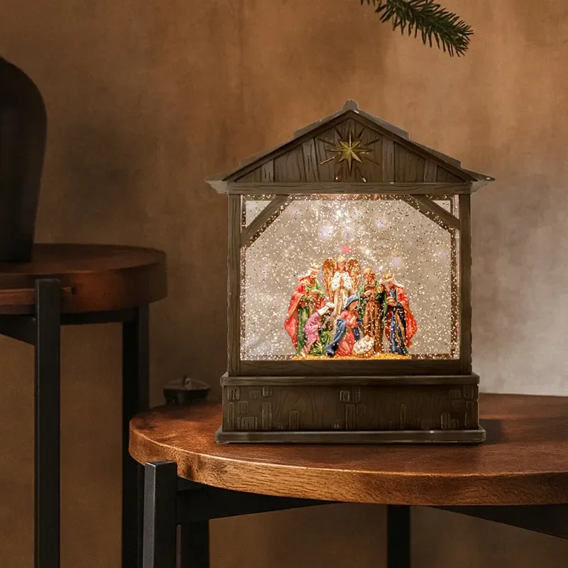 Christmas manger flat house water lamp micro landscape gift religious ornament music box automatic snow atmosphere decoration