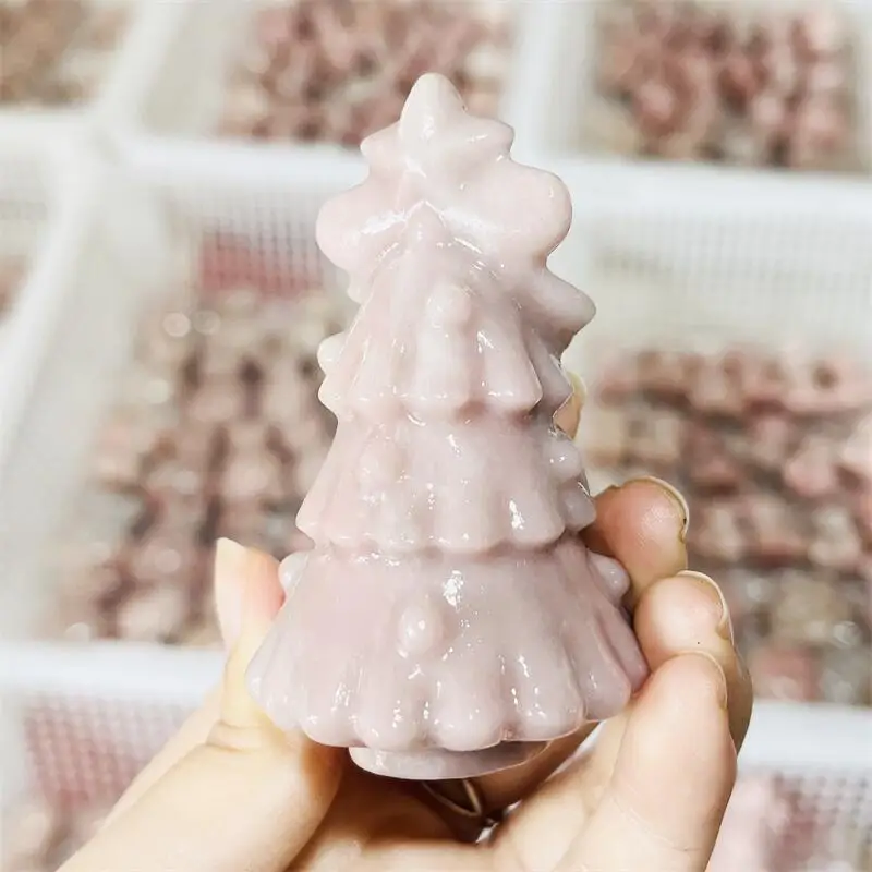 Natural Pink Opal Christmas Tree Carving Healing Reiki Christmas Gift For Children Or Home Decoration Gift 1PCS