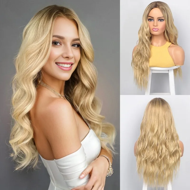 Woman Wig Cover Long Curly Hair Halloween Party Headwear Gradient Waves Roll Headgear Concert Dress Up Wig Golden Long Hair