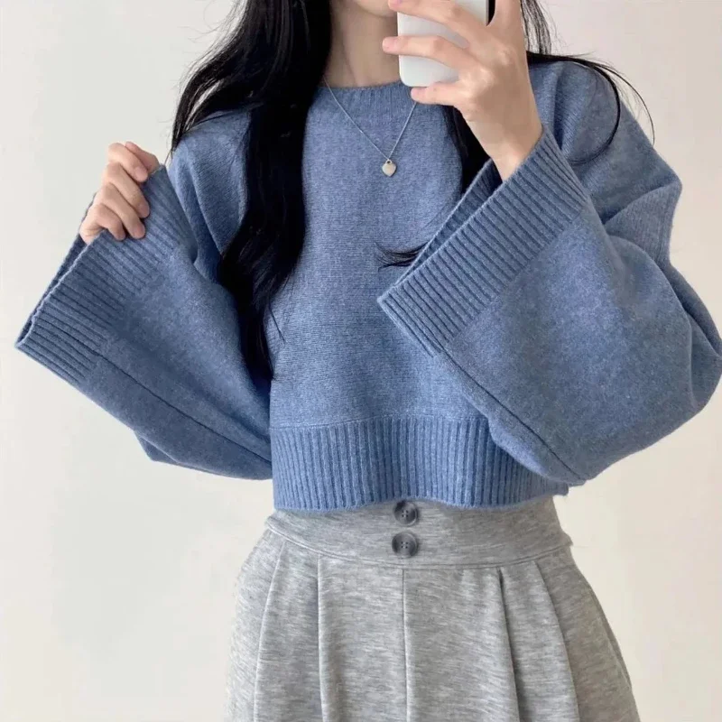 Sweter koreański w stylu chic na jesień i zimę 2025, nowy, luźny, w jednolitym kolorze, z długim rękawem, z okrągłym dekoltem, dzianinowy pulower w stylu lazy.
