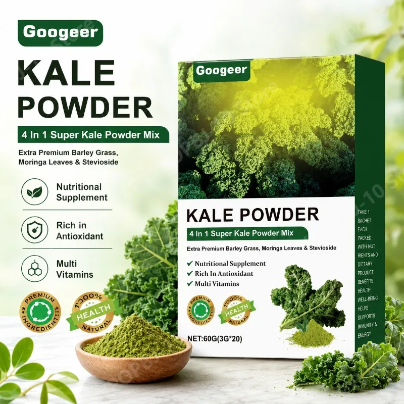 Polvo de Kale 4 en 1, Mezcla de Superverdes con Hierba de Cebada y Moringa, Suplemento Nutricional, 20 Sobres