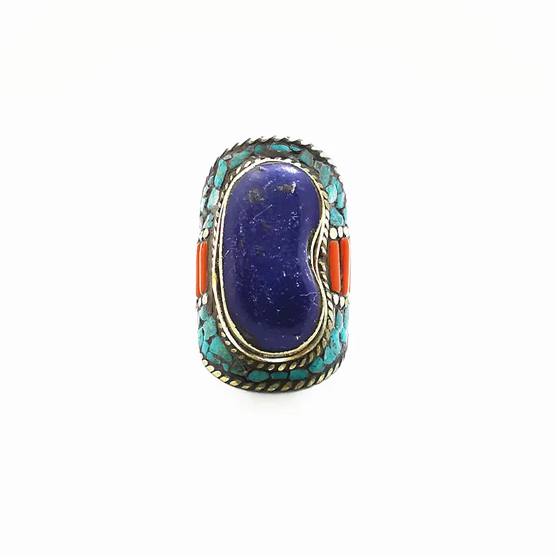 Tibetan Big Rings for Man White Metal Copper Inlaid Colorful Blue Stone Ring R114