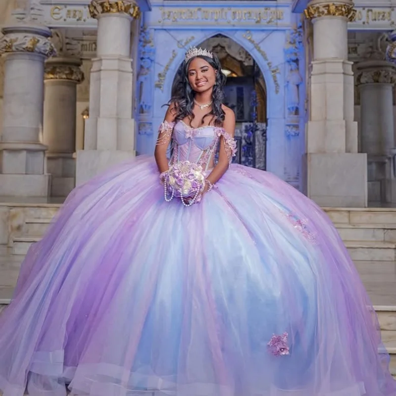

Customized Lavender Purple Quinceanera Dresses Off the Shoulder applique Tull Long tail 3D flower Vestido 15 Quinceanera