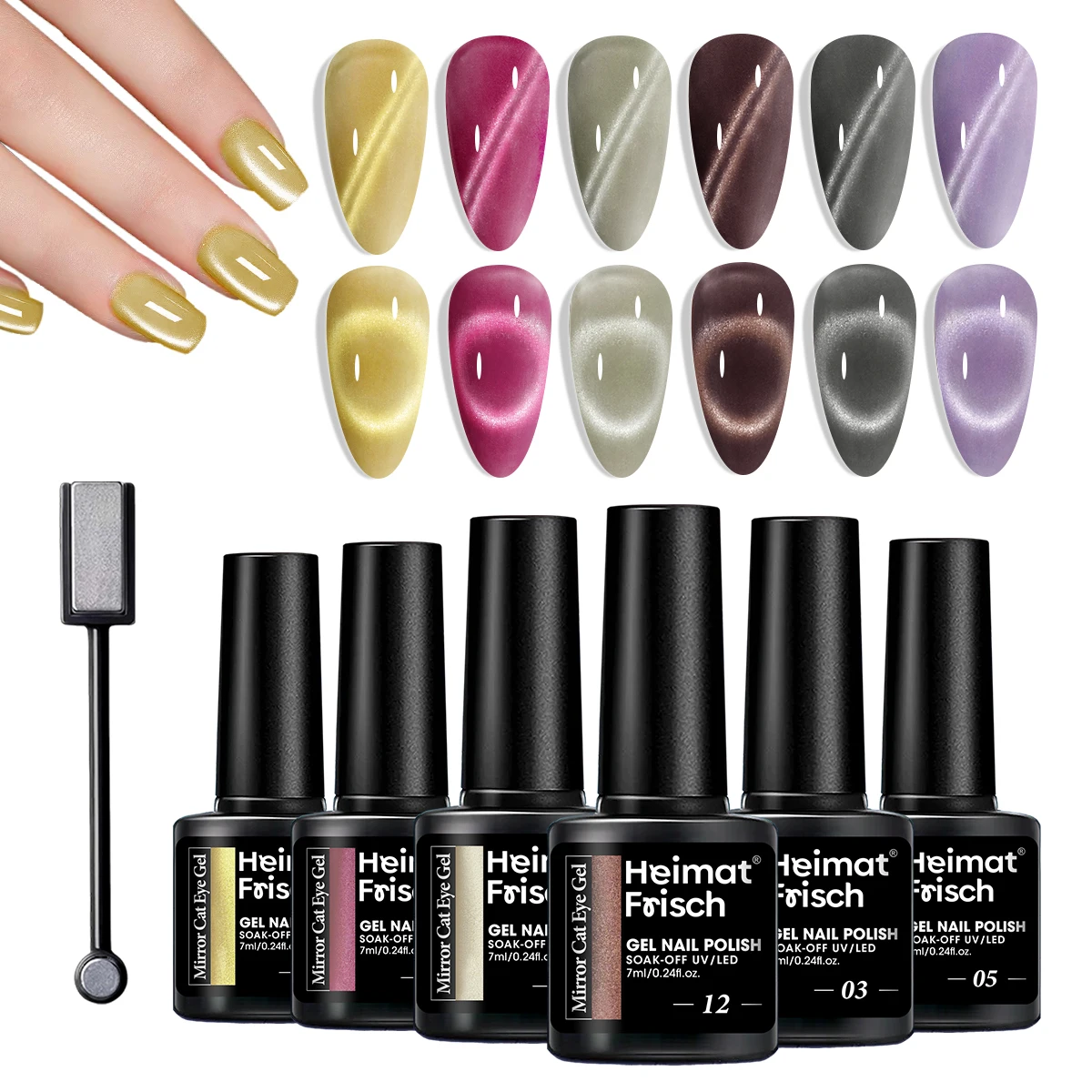 

Heimat Frisch 6 Color Mirror Cat Eye Magnetic Nail Polish Set with Magnet, Pastel Glitter Glitter Gel Set