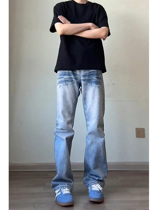 

Middle High Waist Bell Bot Jeans Men's Waed Blue Denim Pants Knife Cra Pattern Youth Trendy Wear Resistant Long T...