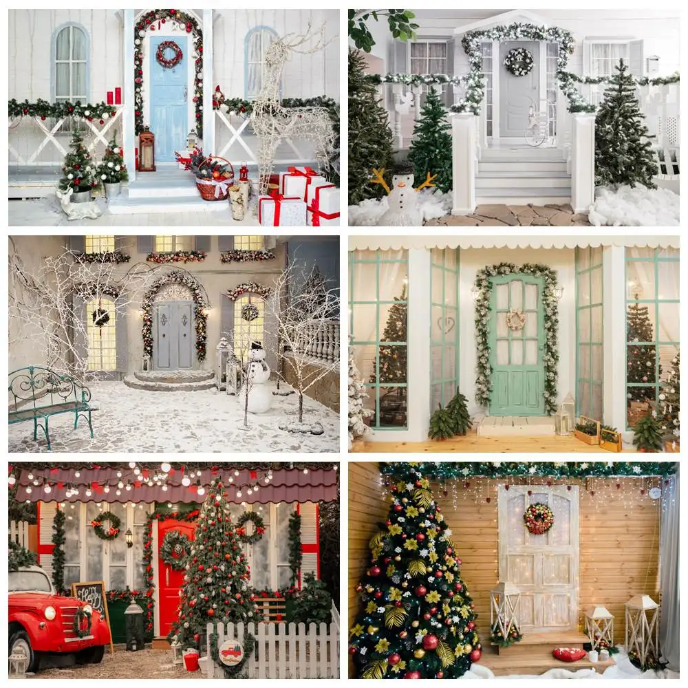 

MOON.QG Christmas Porch Front Door Photography Backdrop Children Photocall Photo Zone Props Background Tree Wreath Shooting Wall