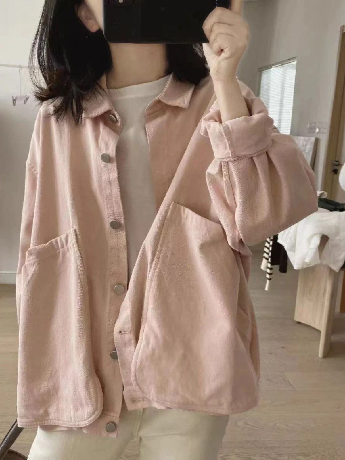 

Retro Japanese Sle Women's Workwear Jaet Loose Slimming Casual Design Large ket Outerwear Top for Autumn Season