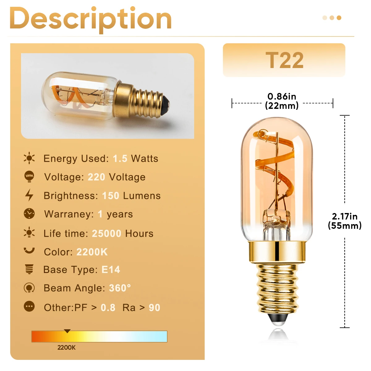 Imagem -03 - Edison Espiral Lâmpada do Filamento Lâmpada Led Branco Quente Lâmpadas de Sal Luzes Noturnas Mini Tubo Decoração Luz Dimmable T22 E14 220v 1.5w