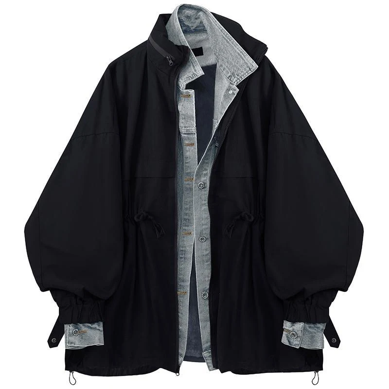 

SuperAen 2024 Spring and Autumn Hooded Fake Two Piece Denim Splicing Shirt Windbreaker Coat