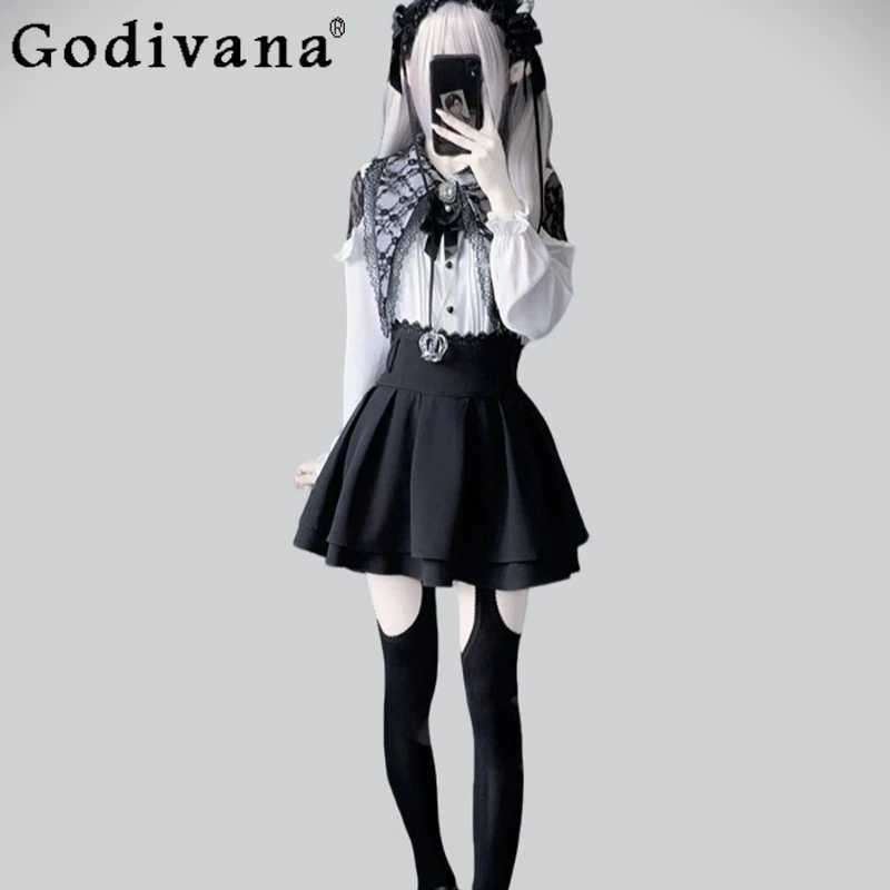 긴팔 셔츠와 블랙 숏 스커트 여성용 레이스업 스윗 투피스 스커트 슈트 여성 일본 스타일 로리타 세트