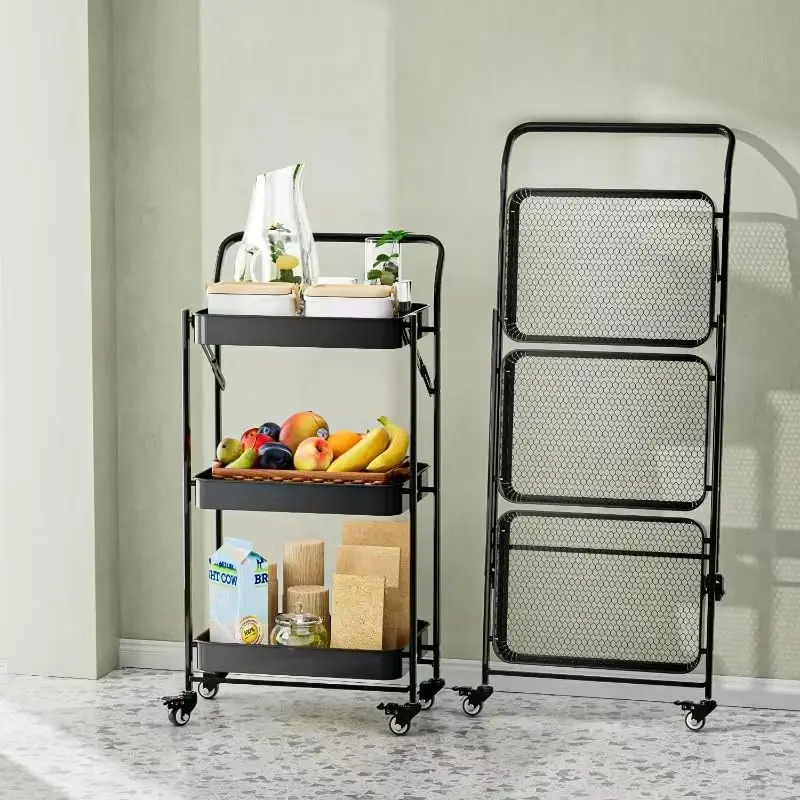 

JAQ Foldable Rolling Cart, 3-Tier Metal Folding Storage Utility Carts Basket Rack with Removable Handle on Wheels for Snacks Boo