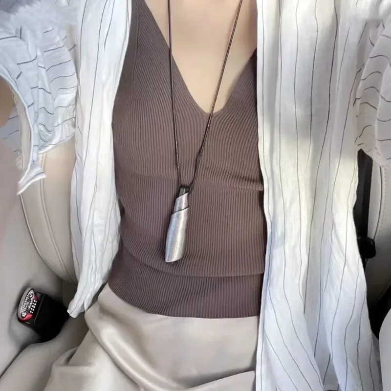 European and American retro whistle necklace light luxury high sense Korean wax rope sweater chain ebony silver roll pendant