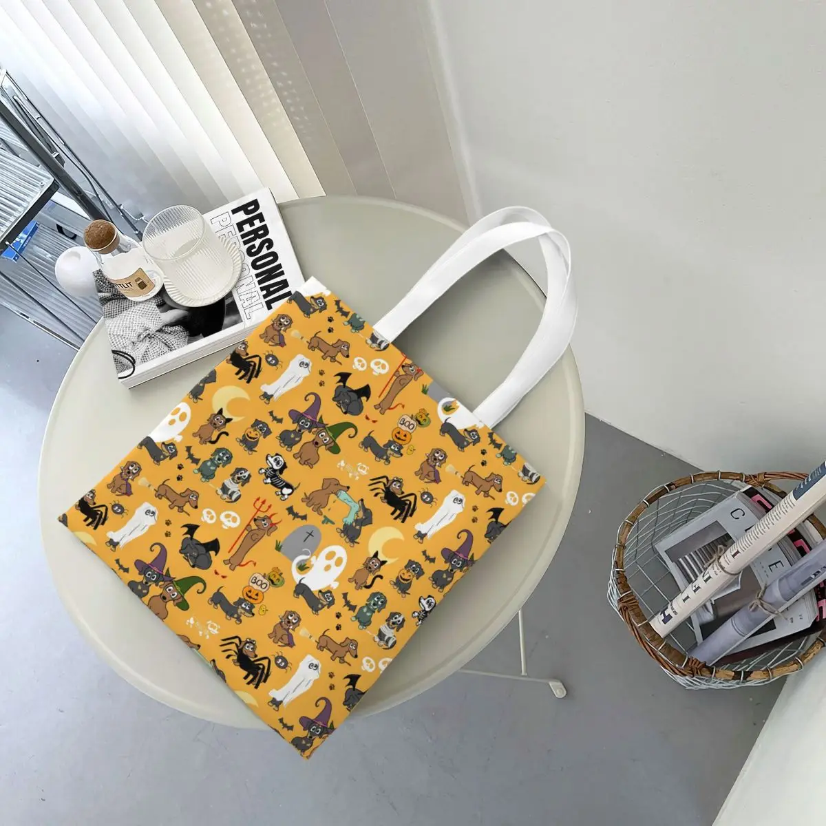 Halloween Dachshund Party Sausage Dog Spooky Shopping Bags Canvas The Tote Bag Foldable for Girls Shoulder Tote Travel Handbag