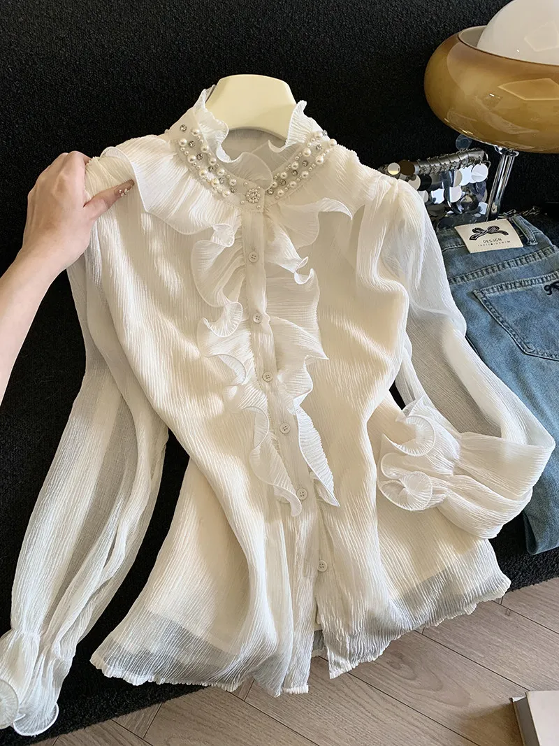 

Ele Cotton Linen irt Women's Stand Collar Button Embellied Spring New Sle Slimming Personali Top Commute Sle