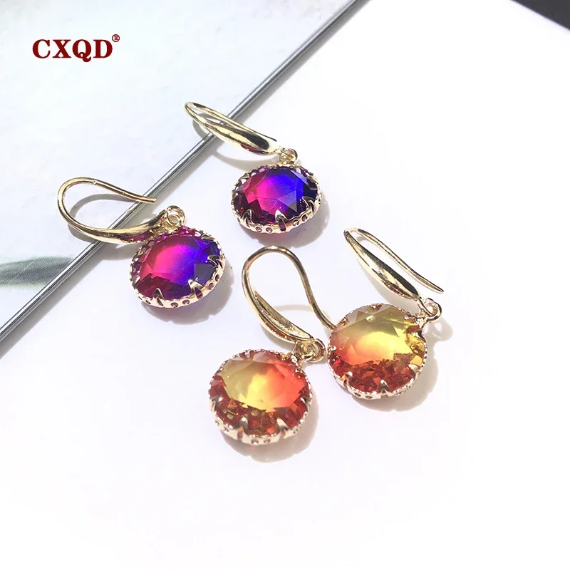CXQD Colorful Shiny Transparent Circle Crystal Drop Earrings for Women Fashion Dangle Piercing Jewelry Gift