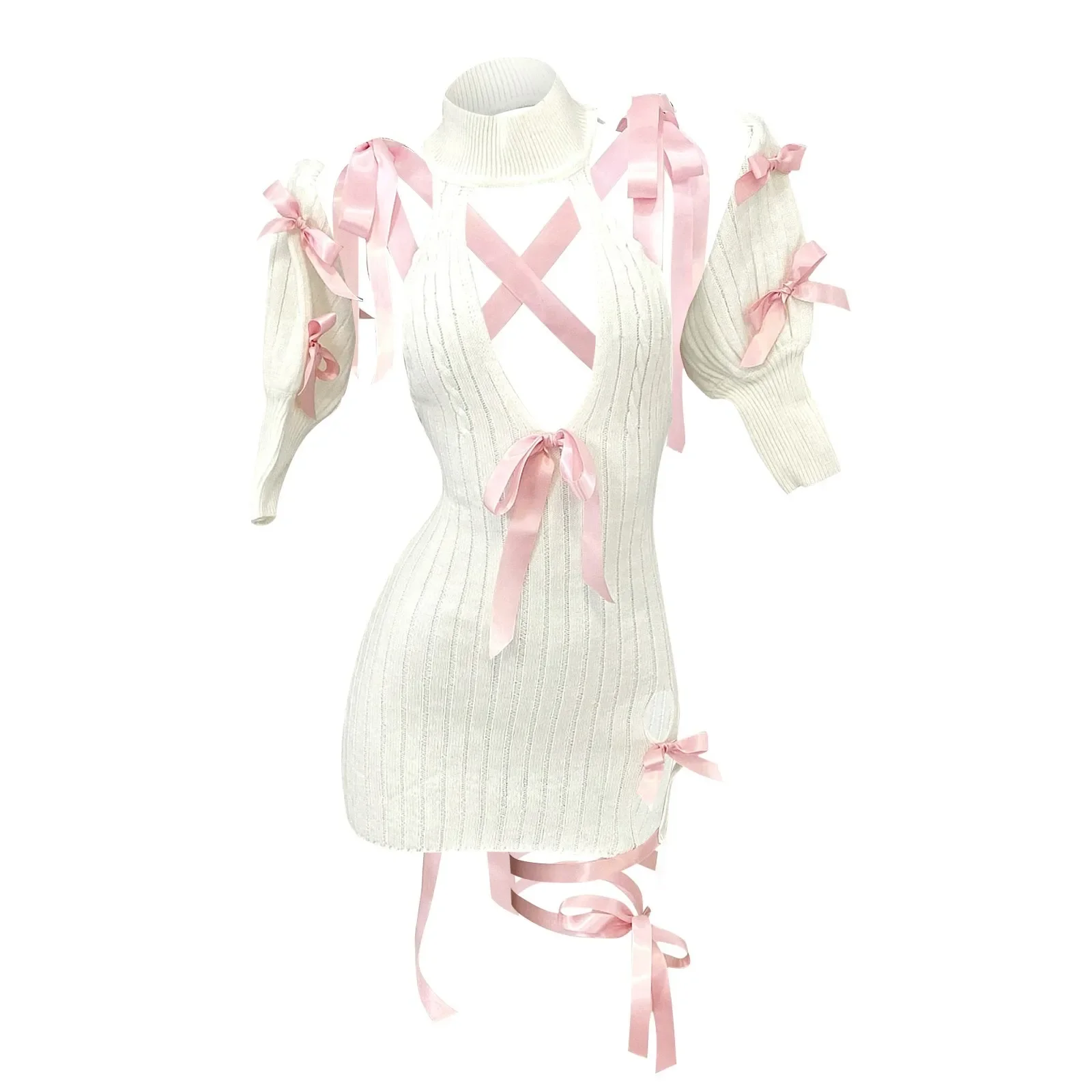 

See-Through Provocative Transparent Bed Nightdress Women'S Japanese Anime Cosplay Pink Bowknot Knitted Sweet Girl Pijama Mujer