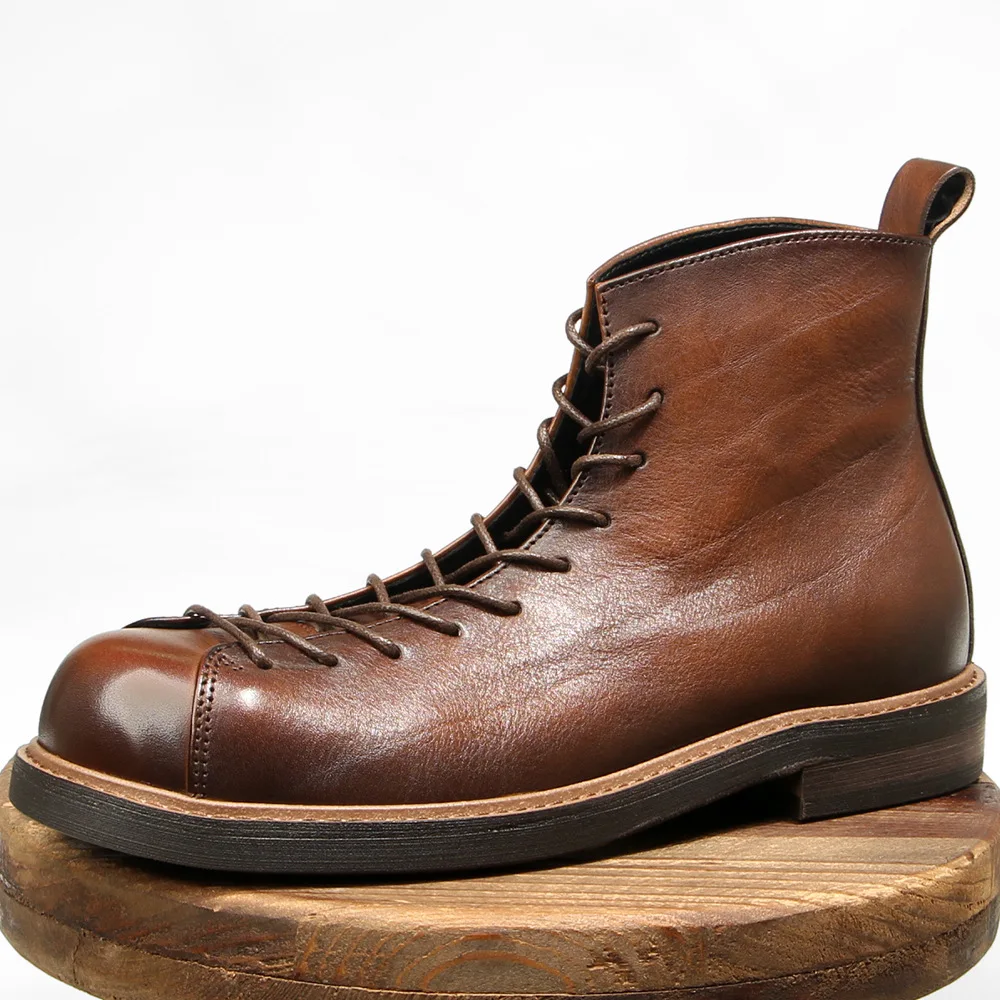 Genuine Leather Round Toe Casual Ankle Boots Dress Work Motorcycle Boots Men Cowboy Combat Boots High Top Shoes - view 2
