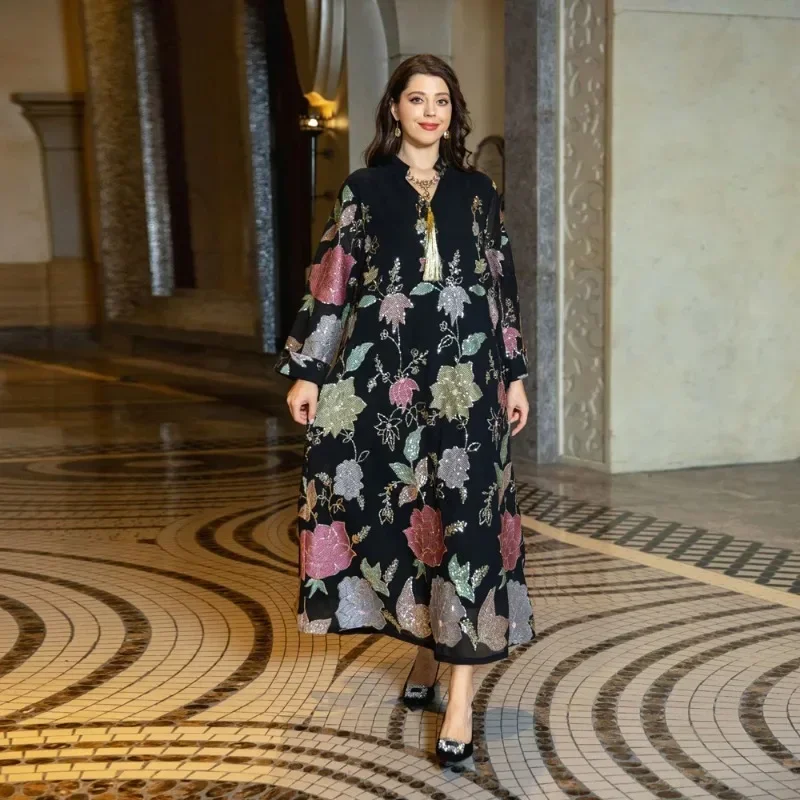 2025 New Muslim Fashion Floral Embroidery Sequins Casual Abaya Long Sleeve Notched V-Neck Tassel Dress Moroccan Dubai Women Robe