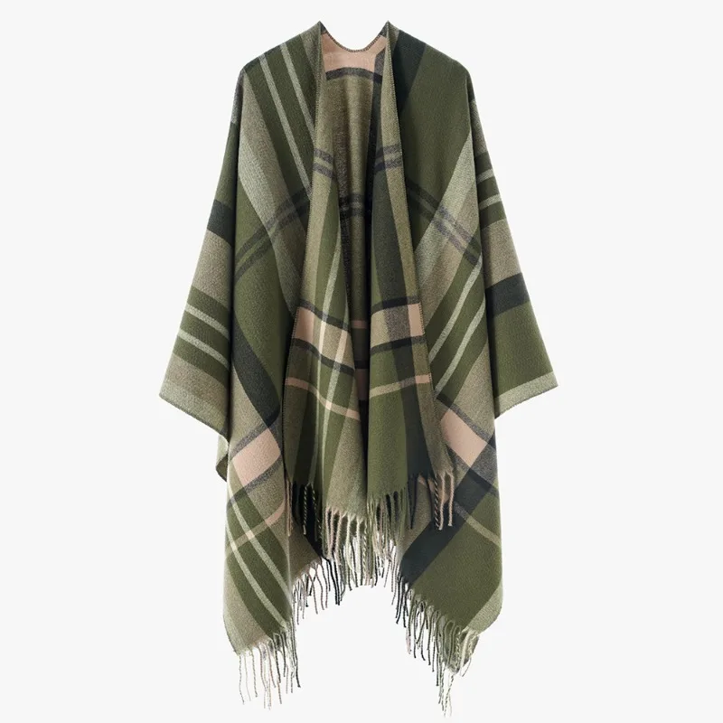 Women Classic Plaid Tassel Poncho Open Front Cape Wrap Shawl For Autumn Winter Daily Wear