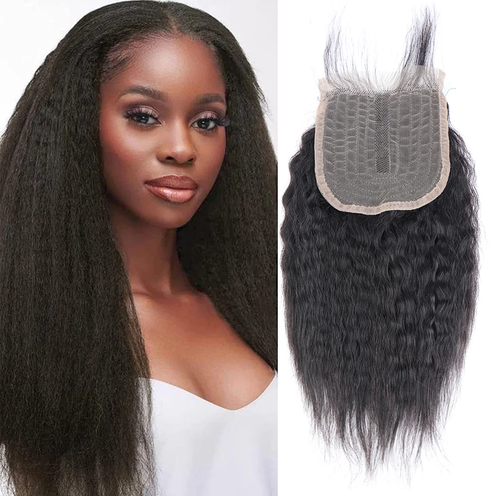 Cheap Kinky Straight Lace Closure Only Natural Black 4x4 12Inch Yaki Straight Curl 100% Brazilian Lace Closure Only for Women