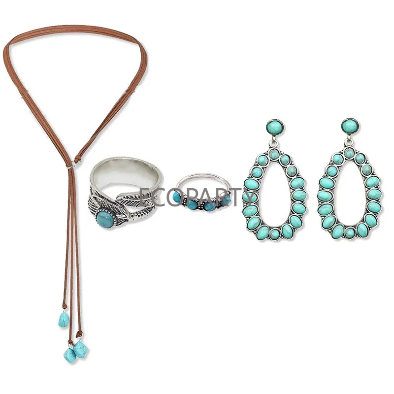 Accessoires de Cowboy occidental pour femmes, Style ethnique, chapeau de Cowboy, cuir chevelu de taureau, corde tressée, casquette en feutre, collier, boucles d'oreilles, bague, ensemble habillé