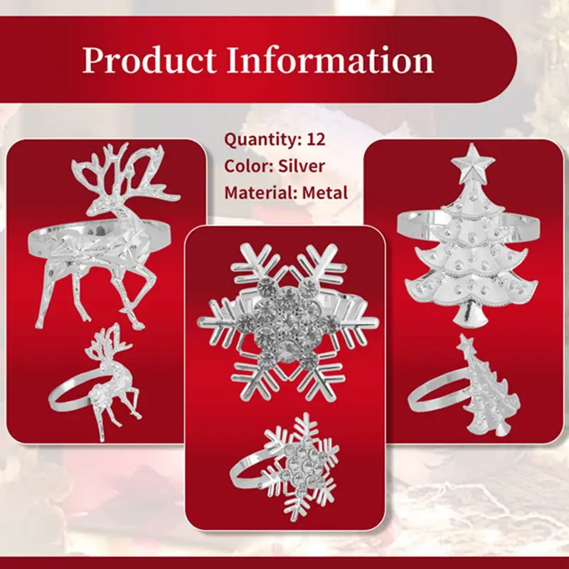 حامل مناديل عيد الميلاد، حلقة منديل شجرة عيد الميلاد على شكل ندفة الثلج من الأيائل لإعداد عشاء عطلة الشتاء وزينة عيد الميلاد