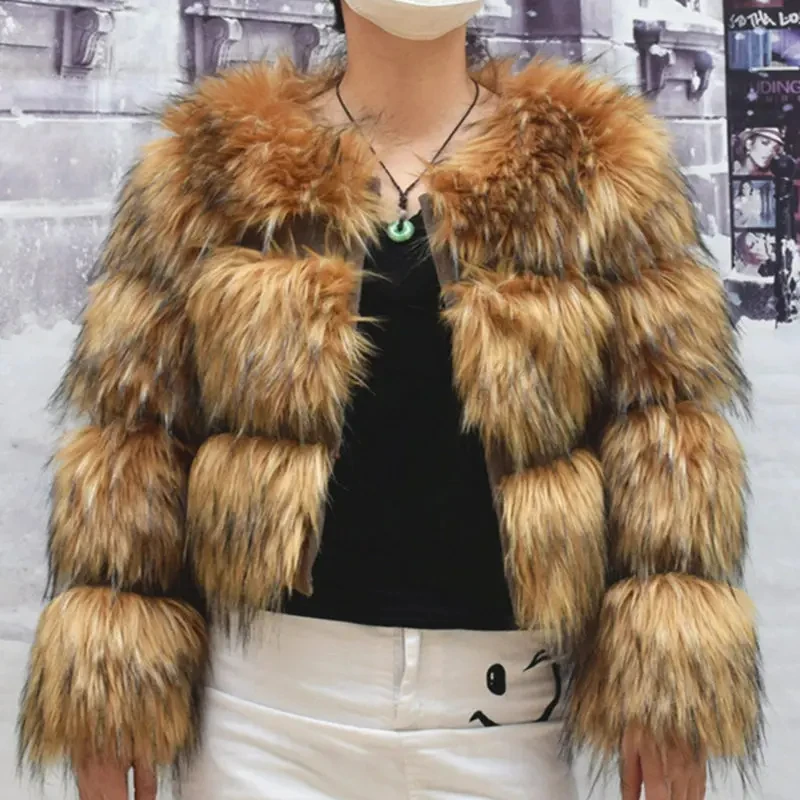 Faux Fur Coat Women\'s Jacket Winter Fashion Warm Thick Fox Raccoon Leather Brown Plus Size 2022 Especially Fake Fur Cold Coat