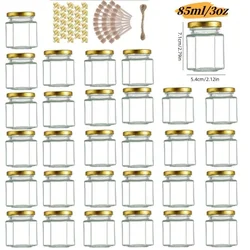 1.5/2/3 oz Hexagonal Mini Glass Honey Jar with Wooden Spoon, Bee Pendant and Jutes, Very Suitable for Party Gifts, Wedding Gifts and Party Gifts.