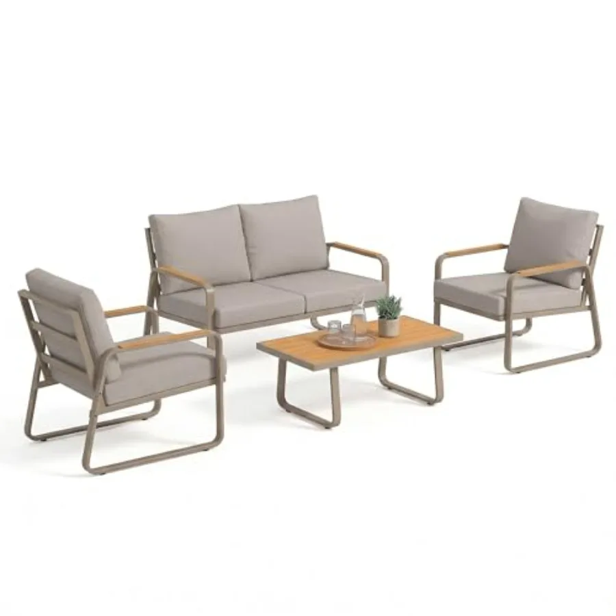 Outdoor 4-piece conversation set for patio or poolside: brown metal frame loveseat, 2 armchairs, coffee table, and matching cus