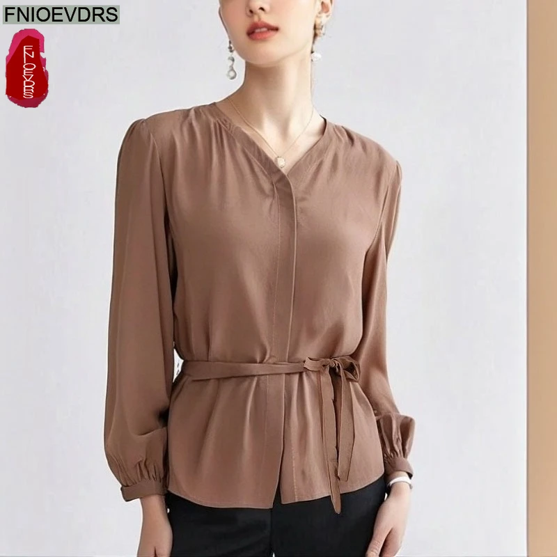 

Belt Shirring Waist Peplum Tops Blouses New Fashion Women 2025 Autumn Long Sleeve Elegant Office Lady Work Solid Basic Shirts