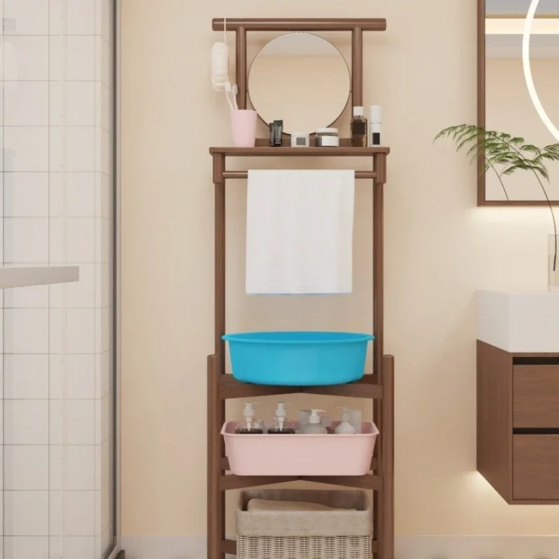 

Washbasin shelf Solid wood floor-to-ceiling household old-fashioned rural storage rack Bathroom washing rack rack