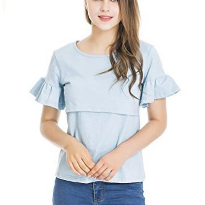 Pregnant womenRuffle Ruched Short Sleeve T Shirt Women Solid Color Tops Summer Casual Nursing Short-sleeved Top