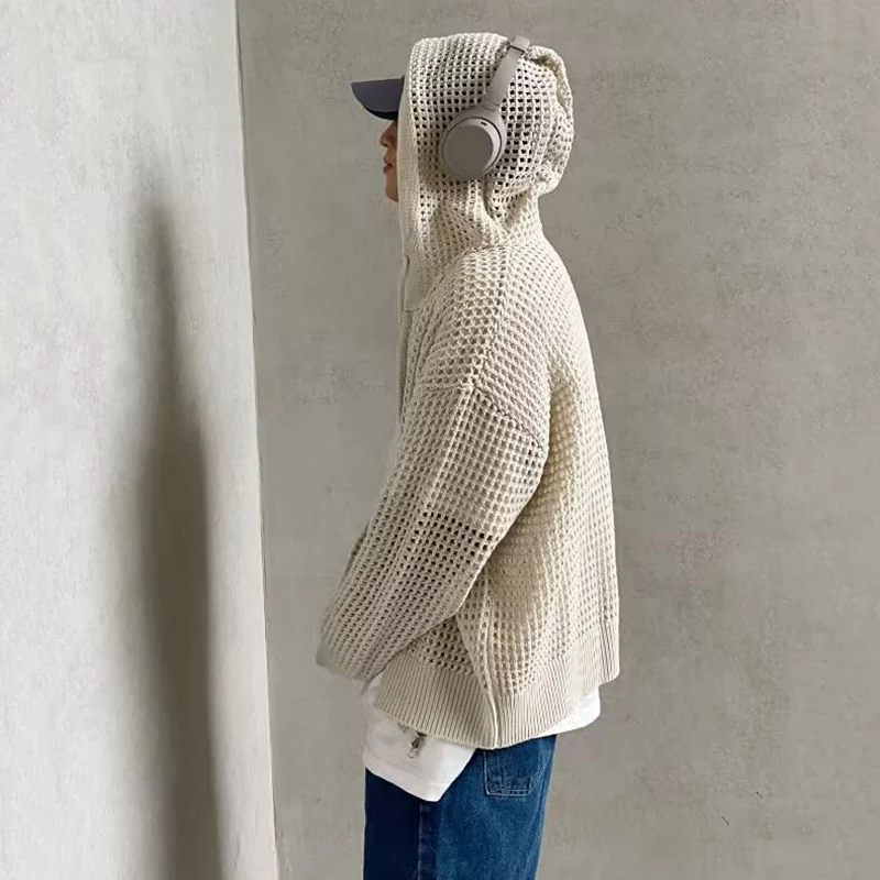 Nuevo cárdigan de verano para hombre, suéter transpirable con capucha hueca, Top de punto, moda de calle, traje ligero para parejas, chaquetas para hombre