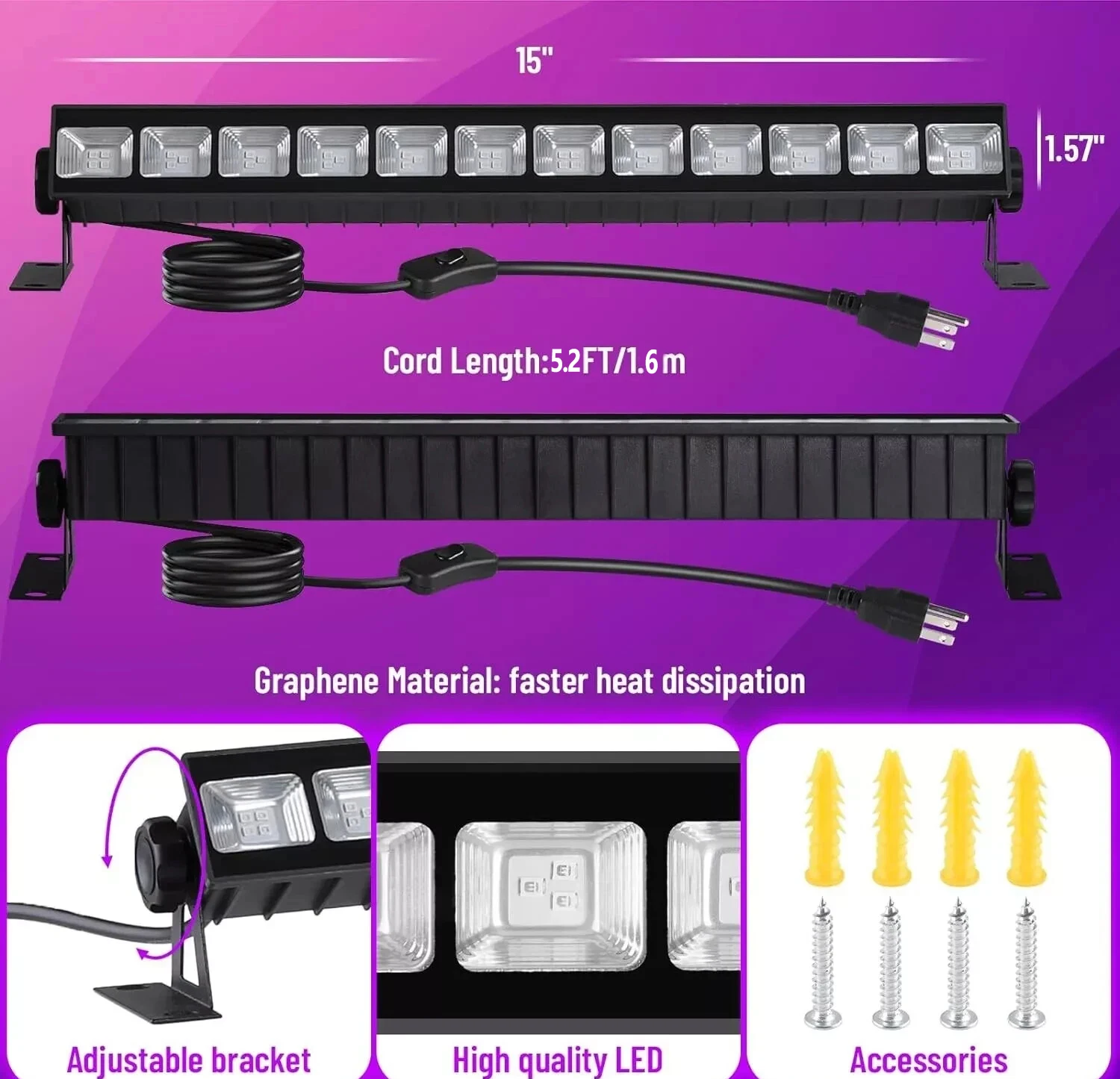 40W Black Light Waterproof  Bar With 5.2ft Cord+plug+switch, For Glow Party Halloween, Fluorescent Poster, Body Paint, Birthday,