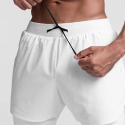 Homens 2 em 1 streetwear calções de fitness branco respirável basculador shorts ginásios musculação secagem rápida lazer correndo shorts S-XXL