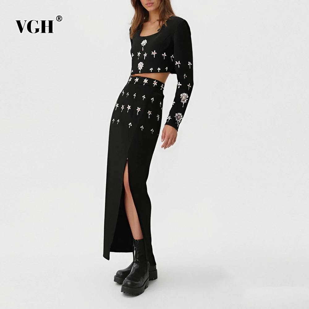 

VGH Elegant Solid Spliced Diamonds Two Piece Sets For Women Round Neck Long Sleeve Top High Waist Skirt Sexy Set Female Fashion