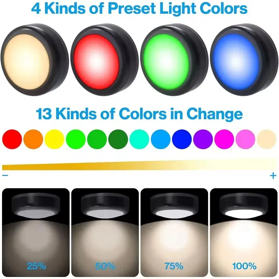 RGB LED Puck Night Lights Remote Control Dimmable Under Cabinet Light Battery Operated Wireless Push Lamp Kitchen Closet