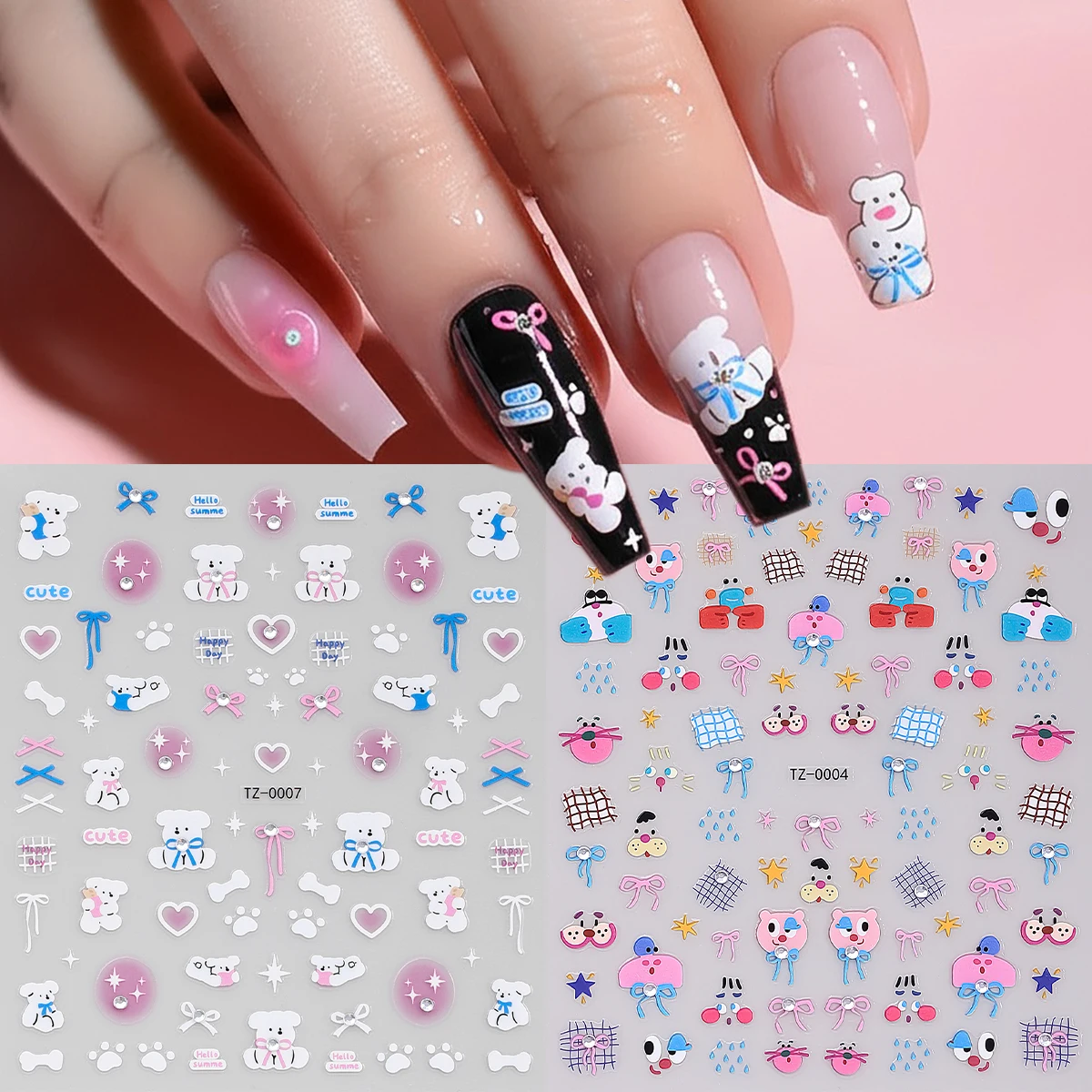 2 ชิ้นการ์ตูนหมีสติกเกอร์เล็บ 5D สัตว์น่ารัก Bowknot หัวใจไรน์สโตนตกแต่งเล็บสติ๊กแมนิคิวร์สติ๊กเกอร์