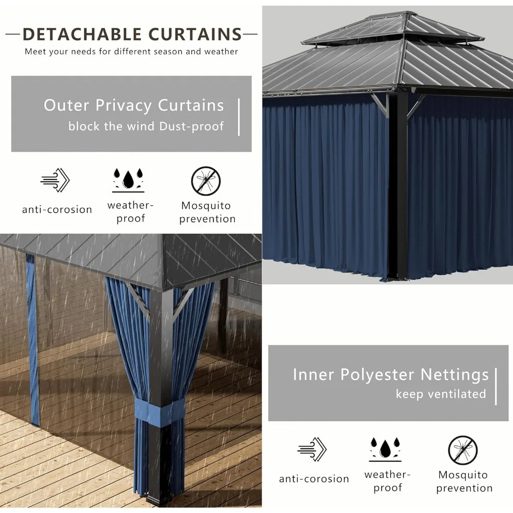 Gazebo con tapa dura de 12x14 pies, techo doble, pabellón exterior con tienda de campaña de jardín con estructura de hierro galvanizado con tapa dura de 2 capas, adecuada para cubiertas