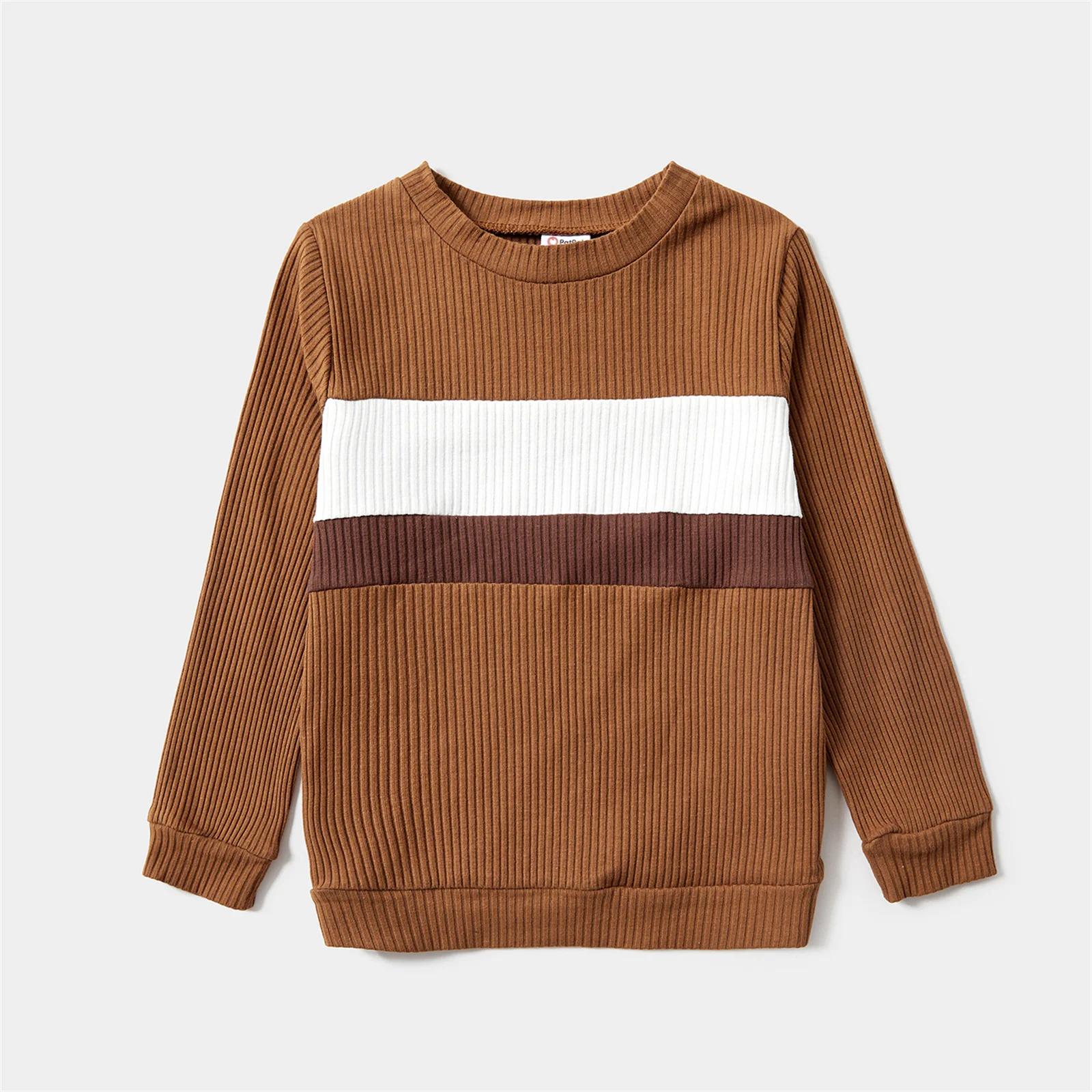 PatPat Family Matching Outfits Winter Coffee Ribbed Spliced Plaid Belted Dresses and Long-sleeve Colorblock Tops Clothes Set