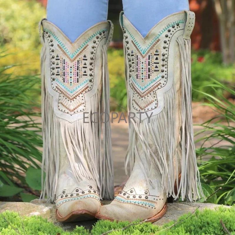 Women Western High Boots Solid Color PU Square Head Thick Heel Rivet Embroidery Tassel Fashion Street Outdoor Knight Women Shoes