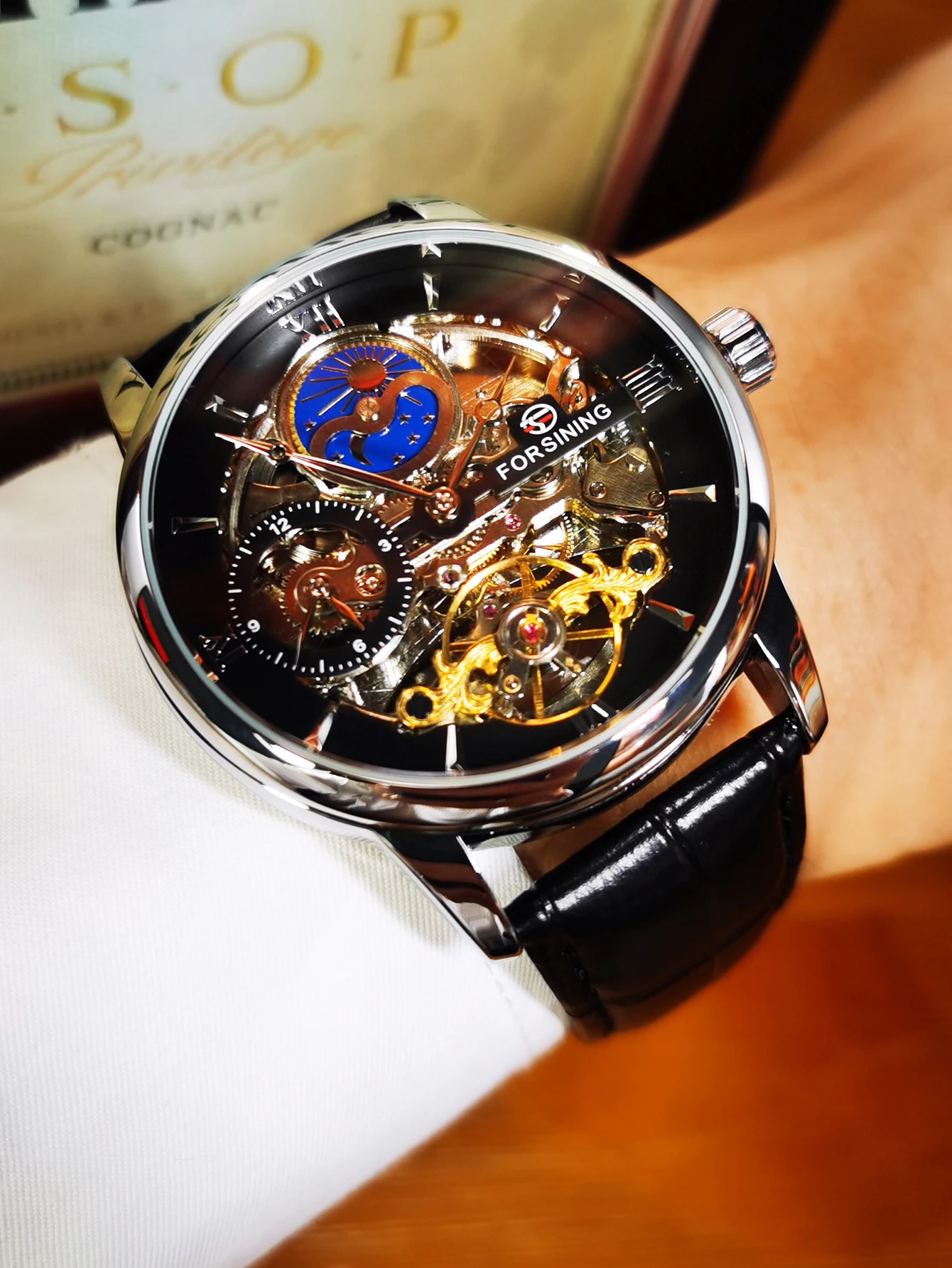 Forsining Luxury Skeleton Mechanical Watches for Men Dual Time Zone Tourbillion Automatic Watch Genuine Leather Strap Moon Phase