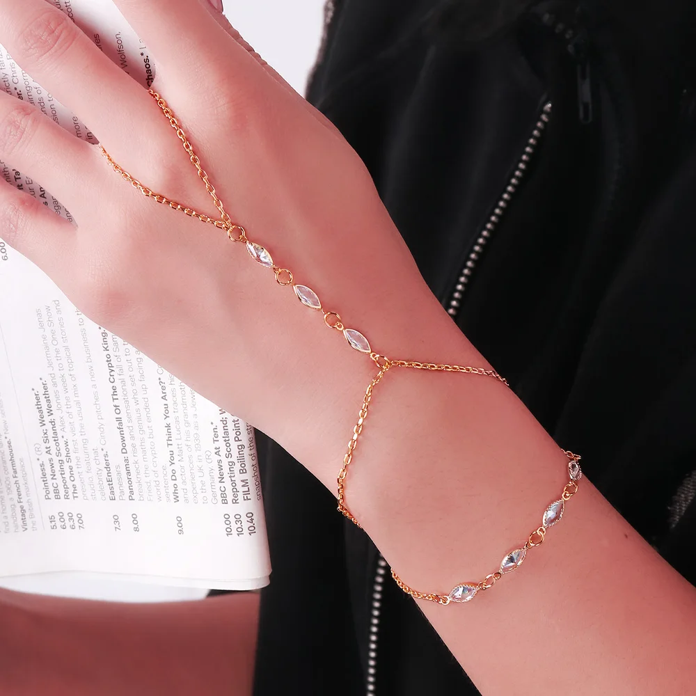 Stonefans Simple Double Layer Chain Finger Bracelet Jewelry for Women Geometric Shape Crystal Bridal Wrist Bracelet Wedding