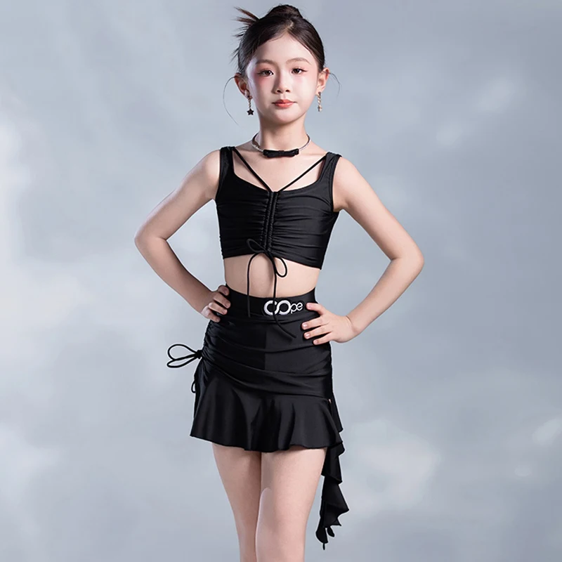 

2025 Girls Latin Dance Practice Clothes Summer Suspender Black Tops Skirt Kids Latin Dress Professional Training Outfits BL15728
