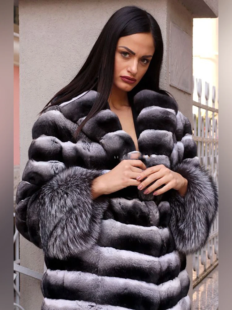 

Straight Real Chinchilla Fur Coat Lady Fashion Luxury Sliver Fox Fur Patchwork Lapel Genuine Rex Rabbit Fur Overcoat Women