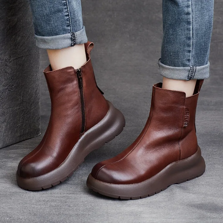 Careaymade-Handmade Genuine leather short boots,Round Head Zipper Thick Bottom Short Boots Women's Boots Slope Heel Cotton Boots
