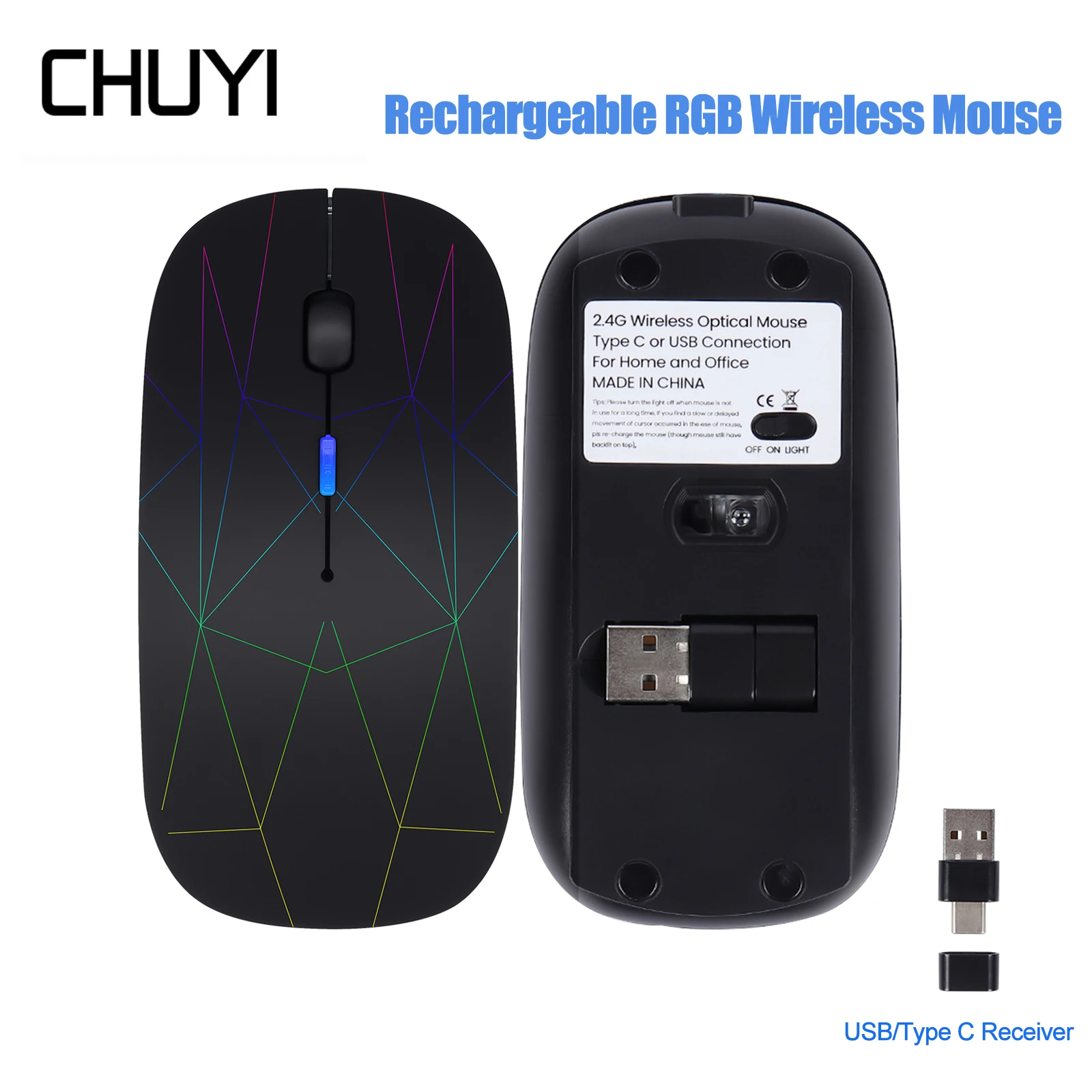 

CHUYI 2.4G Rechargeable Wireless Mouse RGB LED Slim Silent 1600 DPI Mause USB And Type C 2 In 1n 1 Receiver Mice for MacBook Air