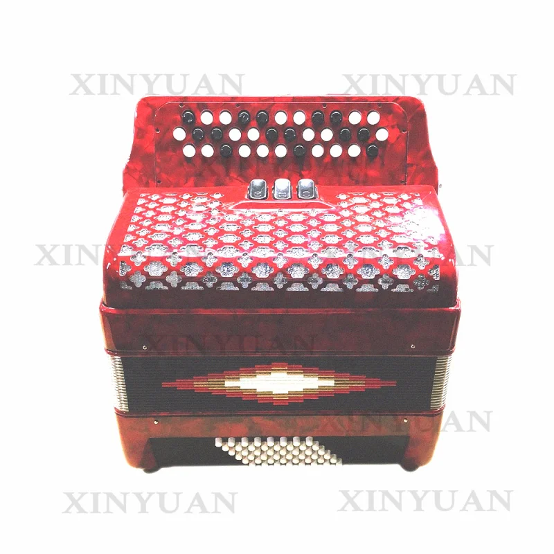 Diatonic Button Accordion JB3448, 34 Buttons Student Wood Instrument, Brown Celluloid Equipped with 3 Registers
