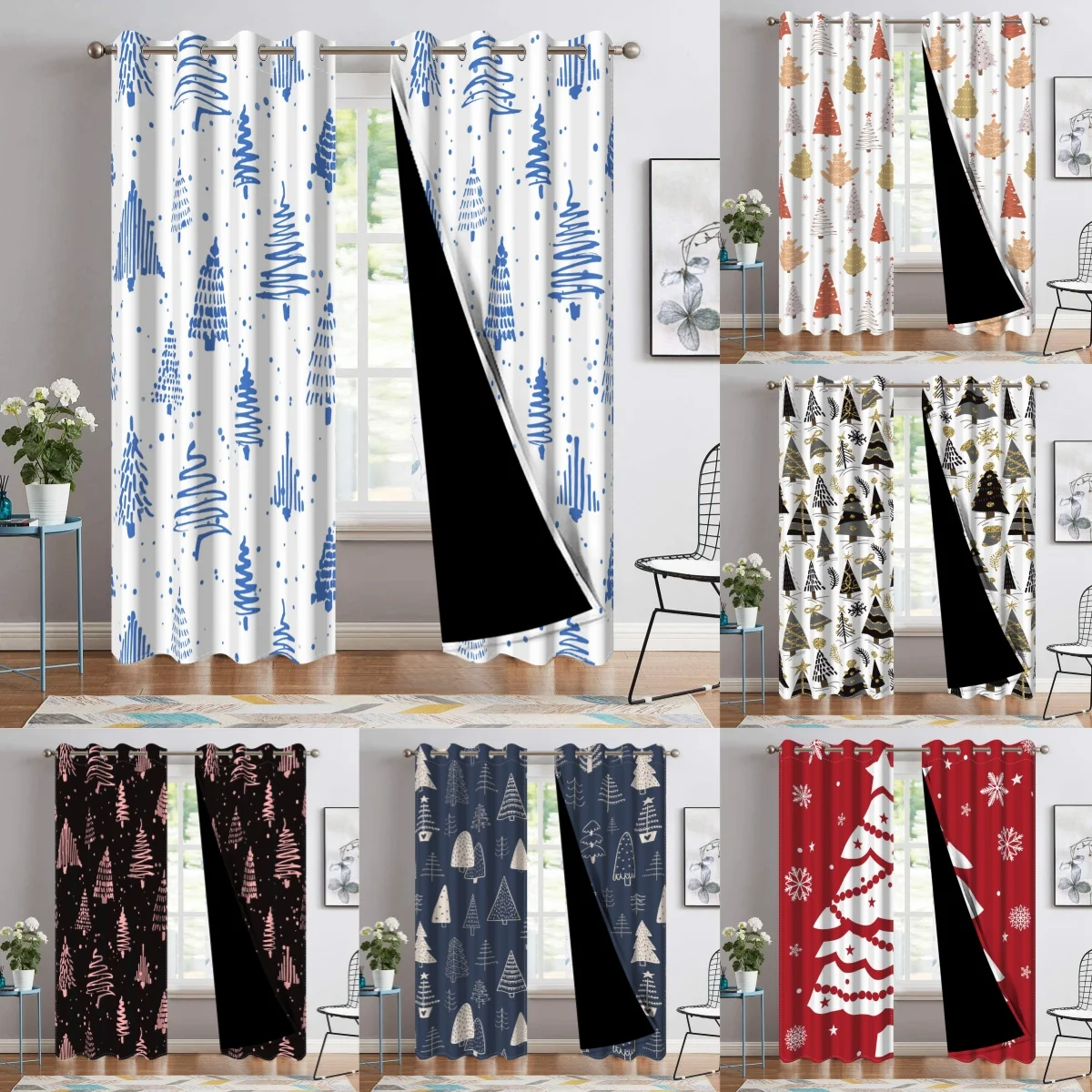 Festive Christmas Blackout Curtain Xmas Tree Snowflake Prints Window for Living Room Bedroom Seasonal Decor with Noise Reduction